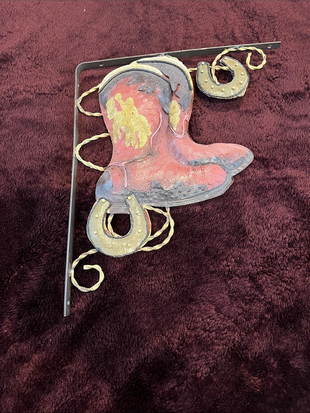 Rustic Cowboy Boots Horseshoes Metal Bracket Cornice Door Wall Accent